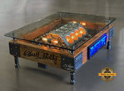 Steampunk industrial coffee table made from a Carroll Shelby 289 engine block and barnwood.
