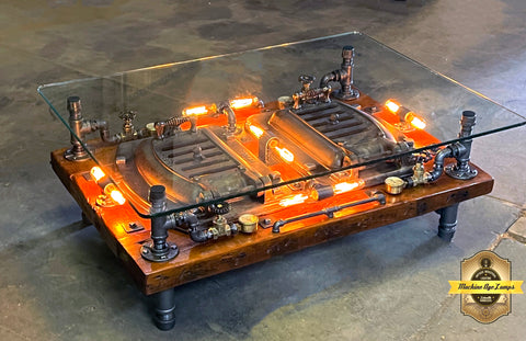 Steampunk Industrial Barnwood Coffee Table / Machine Age Lamps / Steam Gauge / Boiler Door /  Table  #4132