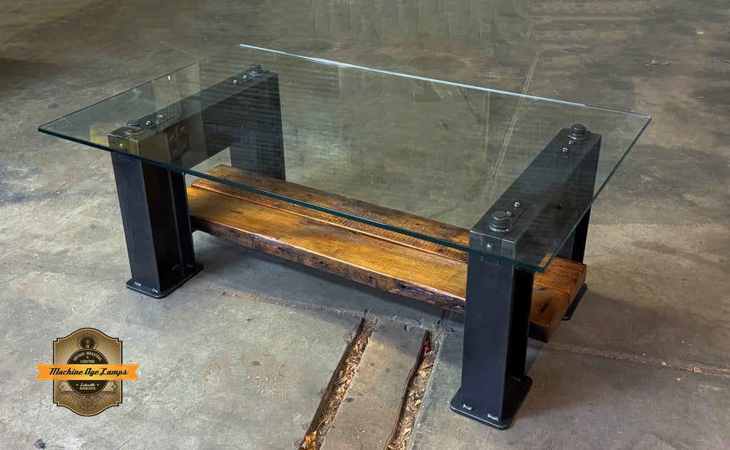 Steampunk Industrial / Clasic Iron I Beam  / Barnwood shelf / Glass Top  / Table model #4280 Ser #001