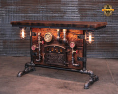 Steampunk Industrial Table / Pub, sofa console / Antique Furnace Door / Barnwood / Table #4496