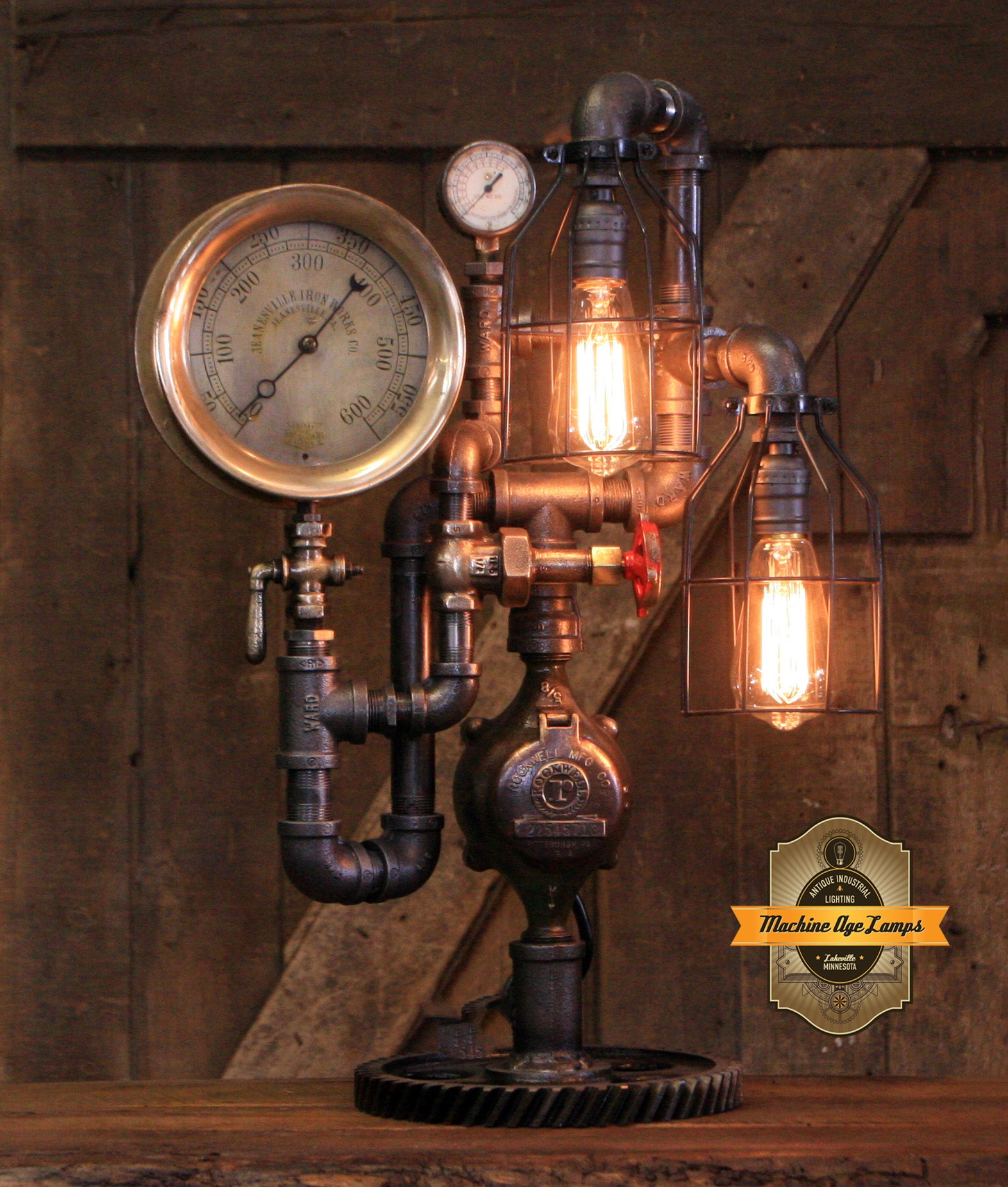 Steampunk Industrial  / Antique Steam Gauge / Gear Base / JeanevilleL / lamp #4255