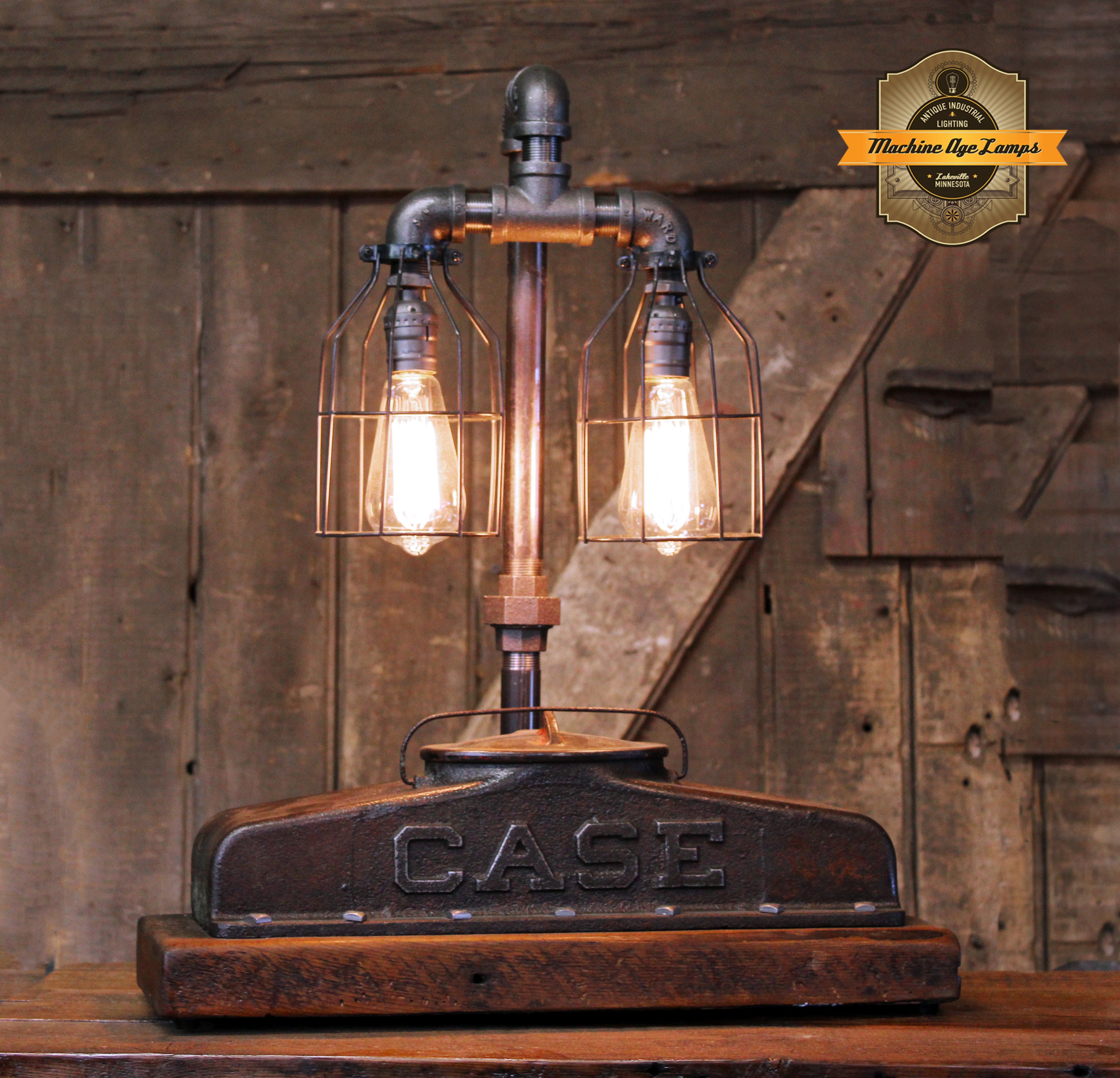 Steampunk Industrial Lamp / Antique Case Farm Tractor / Barnwood base /  Lamp #4315
