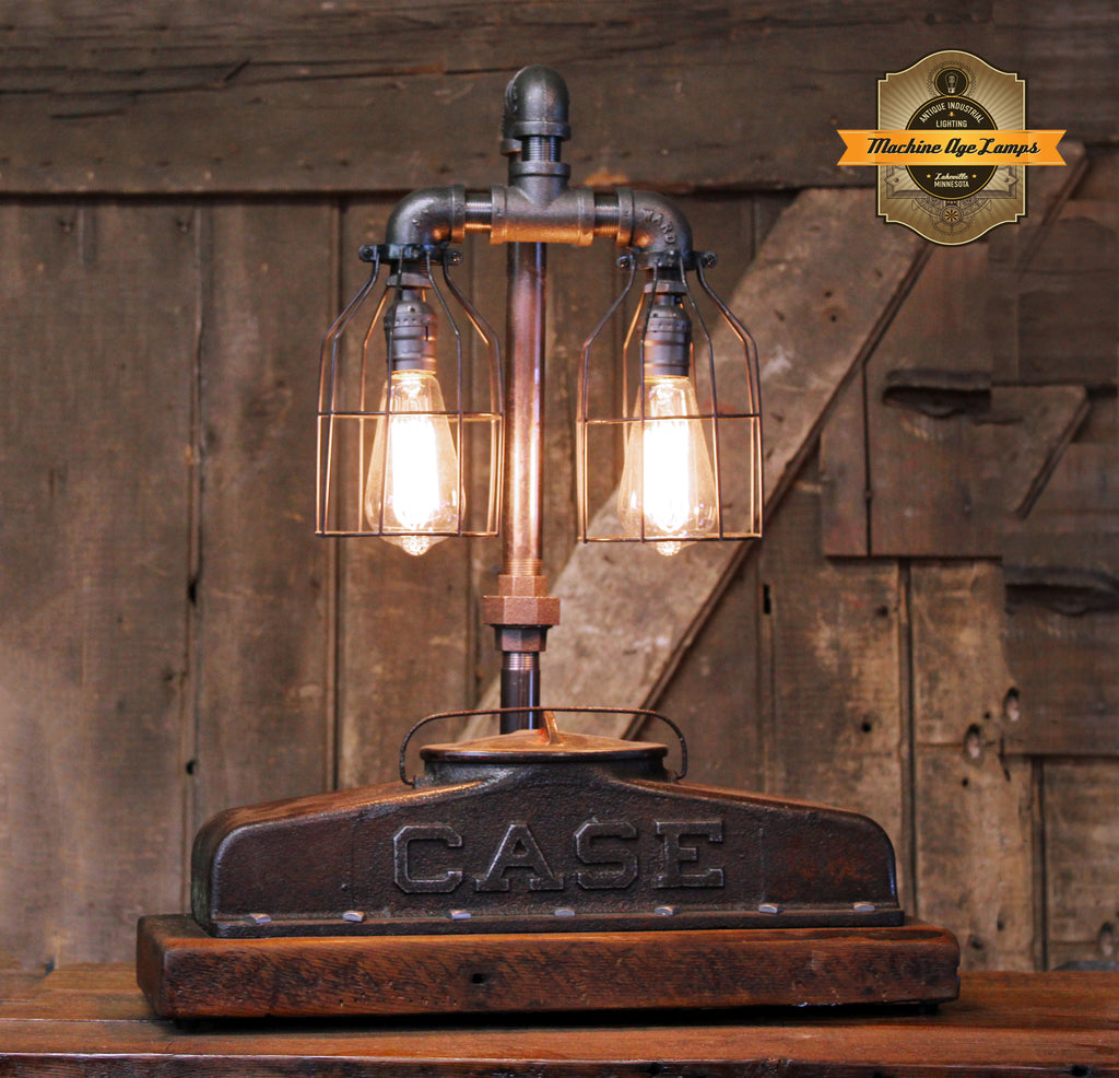 Steampunk Industrial Table Lamp / Antique Case Farm Tractor / Barnwood base /  Lamp #4315