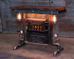 Steampunk Industrial Table / Pub, sofa console / Antique Furnace Door / Barnwood / Table #4473