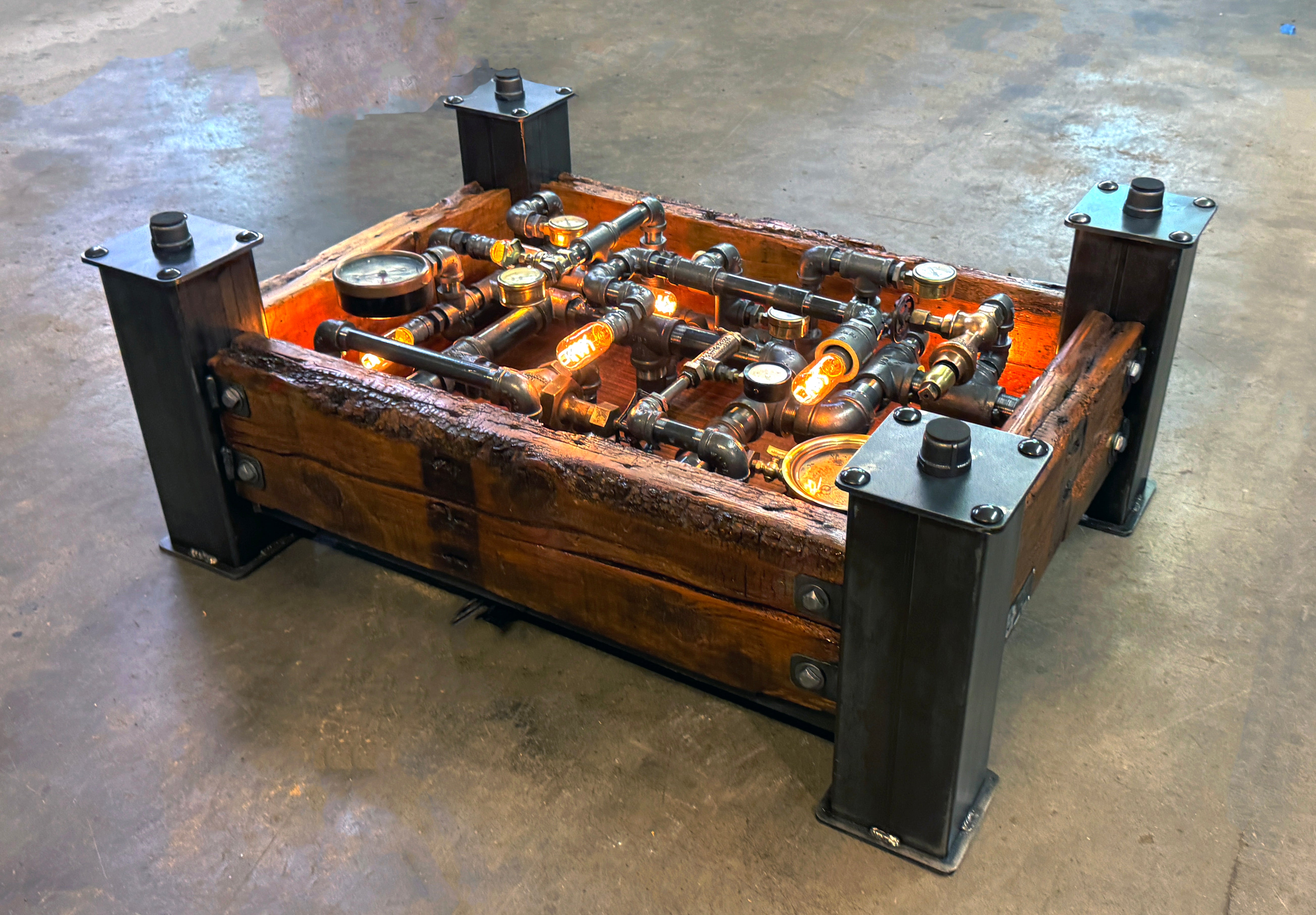 Steampunk Industrial Barnwood Coffee Table Steam Gauge #4606