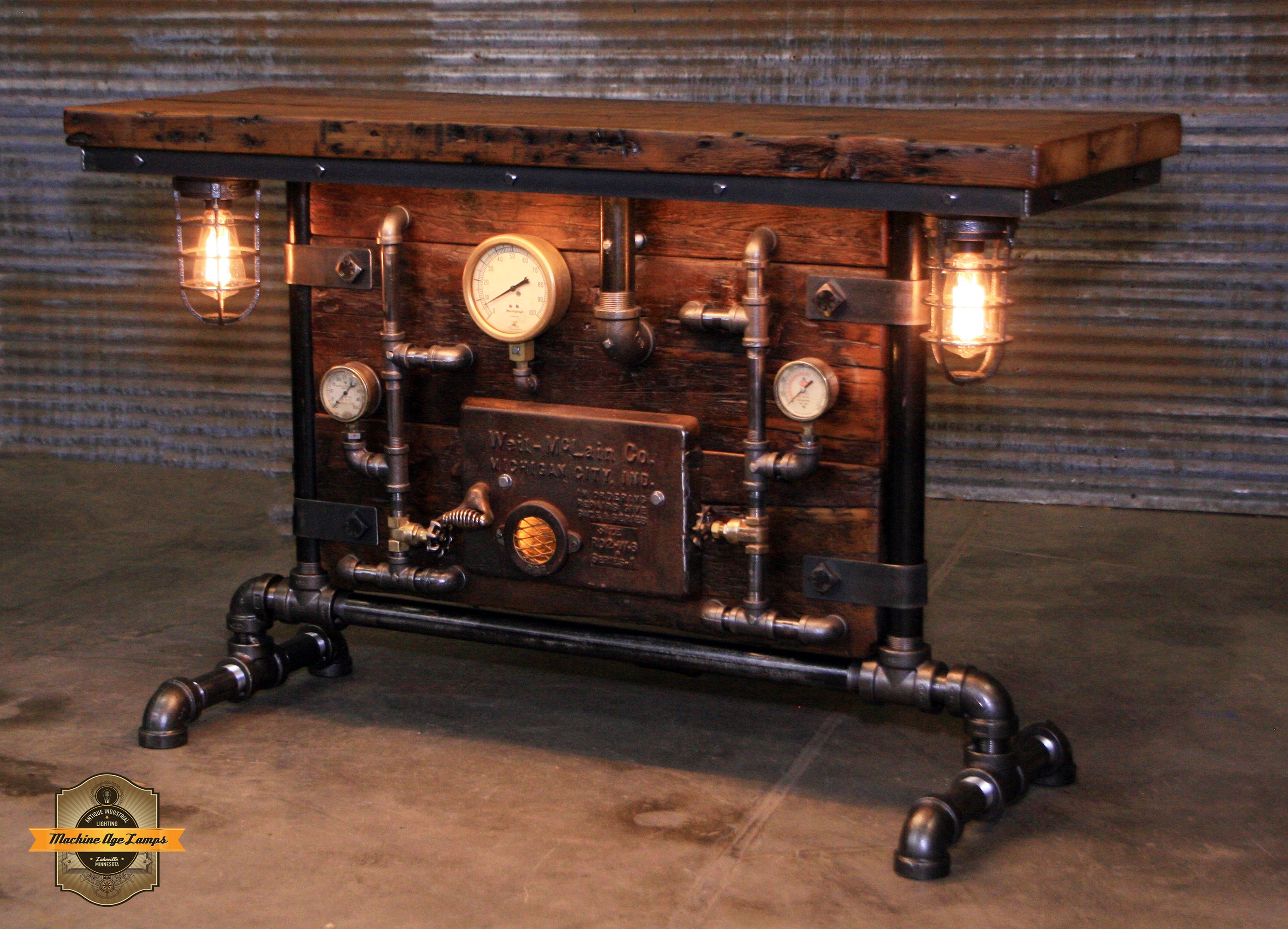 Steampunk Industrial Table / Pub, sofa console / Antique Furnace Door /  Barnwood / Table #4275