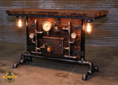 Steampunk Industrial Table / Pub, sofa console / Antique Furnace Door /  Barnwood / Table #4275