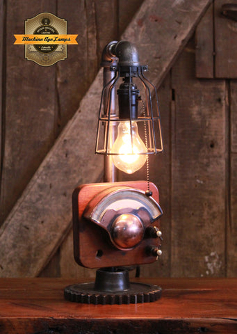 Steampunk Industrial Lamp / Antique Wood Back / Electrical / Meter / Lamp #4221