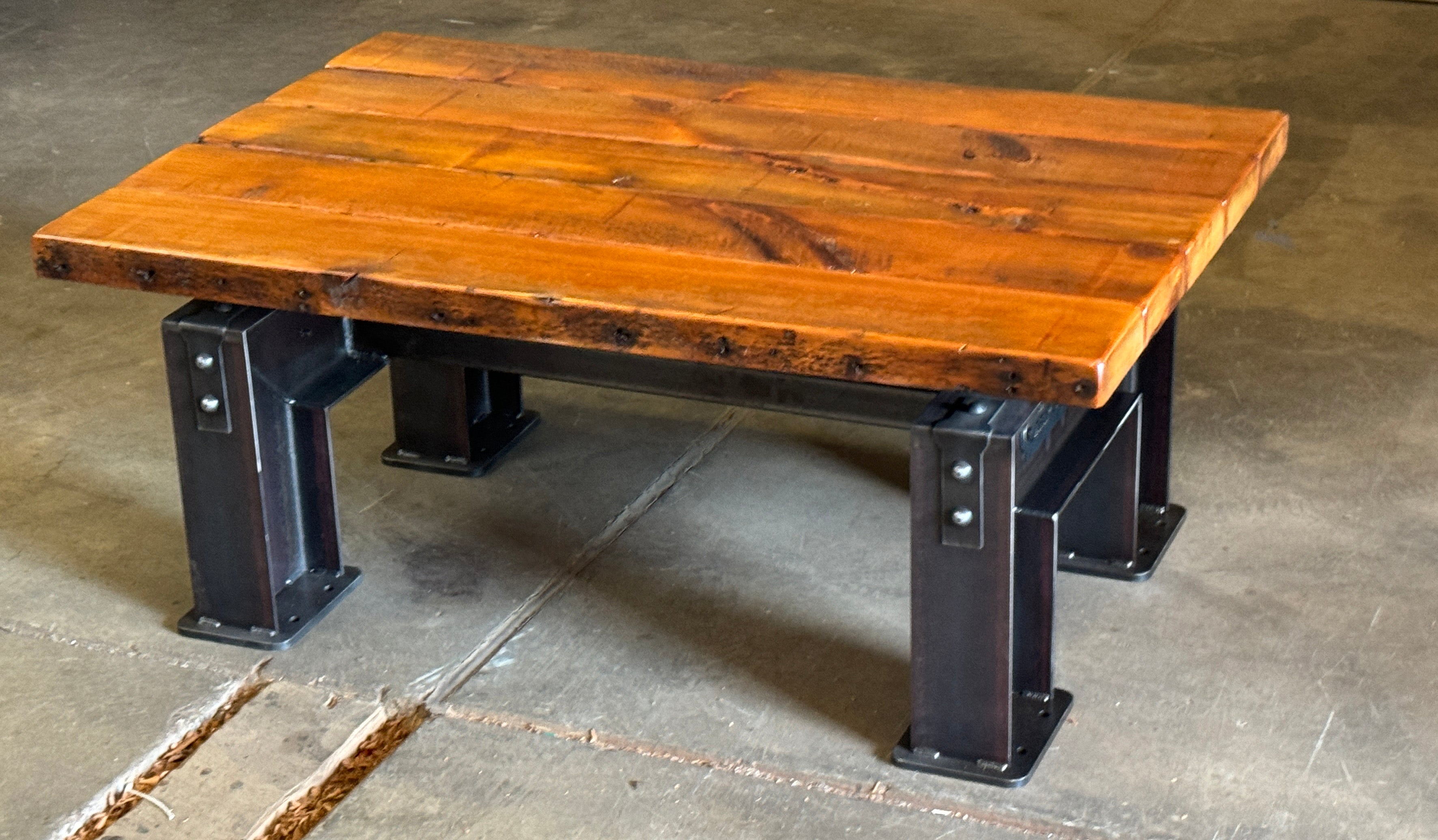 Steampunk Industrial / Clasic Iron I Beam  / Barnwood Top  / Table model #4281 Ser #001