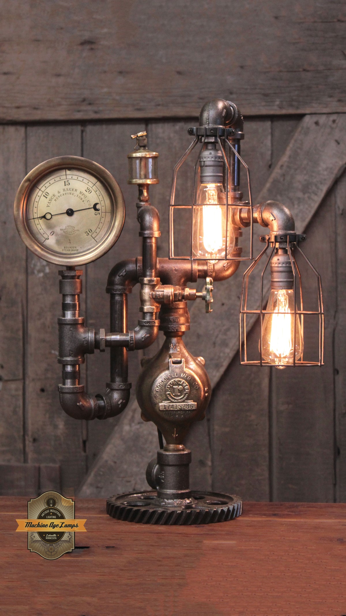 Steampunk Industrial / 1915 Steam Gauge Lamp  / Vance Baker / Iowa  /  Lamp #4796