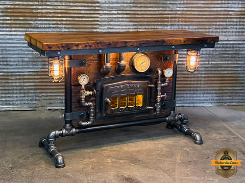 Steampunk Industrial Table / Pub, sofa console / Antique Furnace Door /  Barnwood / Table #5044