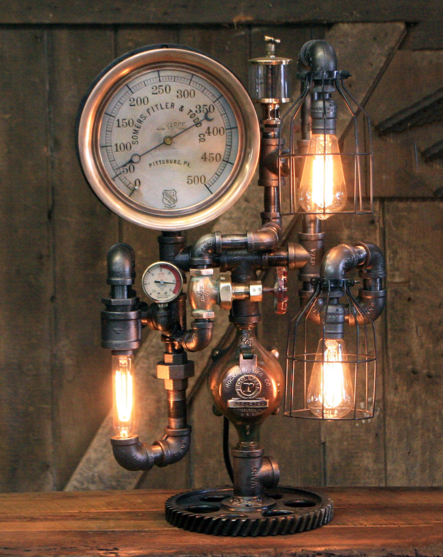 Steampunk Industrial / Antique Steam Gauge  / Pittsburg PA / Gear / Lamp #4253
