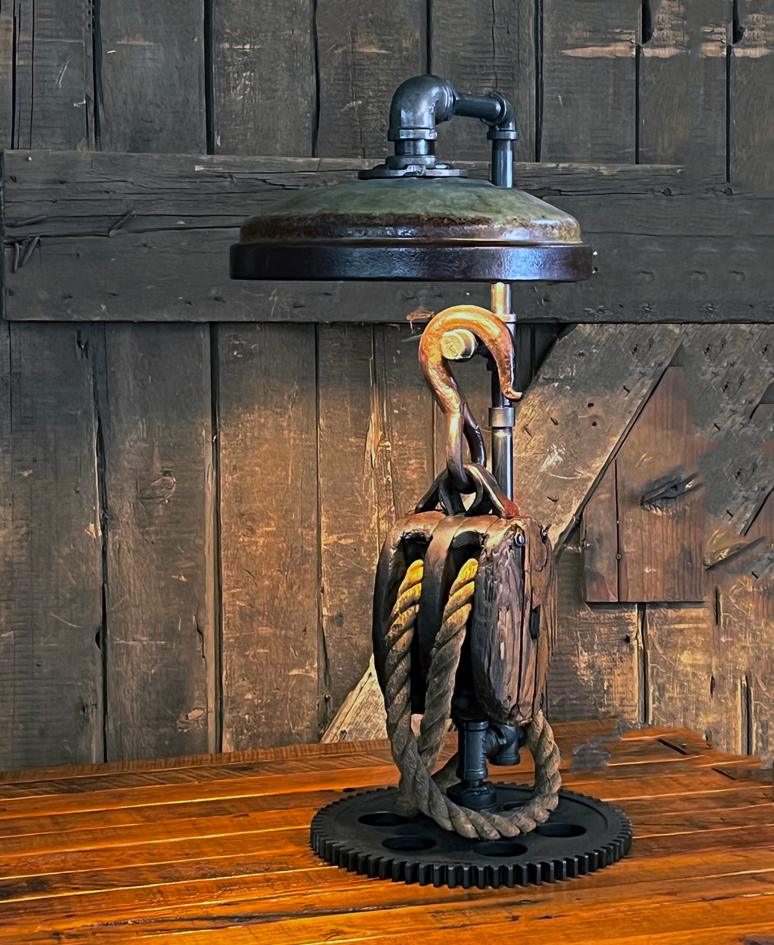 Steampunk Industrial / Antique Wood Block and Tackle Pulley  / Antique Chicken Feeder Shade / Gear / Lamp #4223
