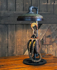Steampunk Industrial / Antique Wood Block and Tackle Pulley  / Antique Chicken Feeder Shade / Gear / Lamp #4223