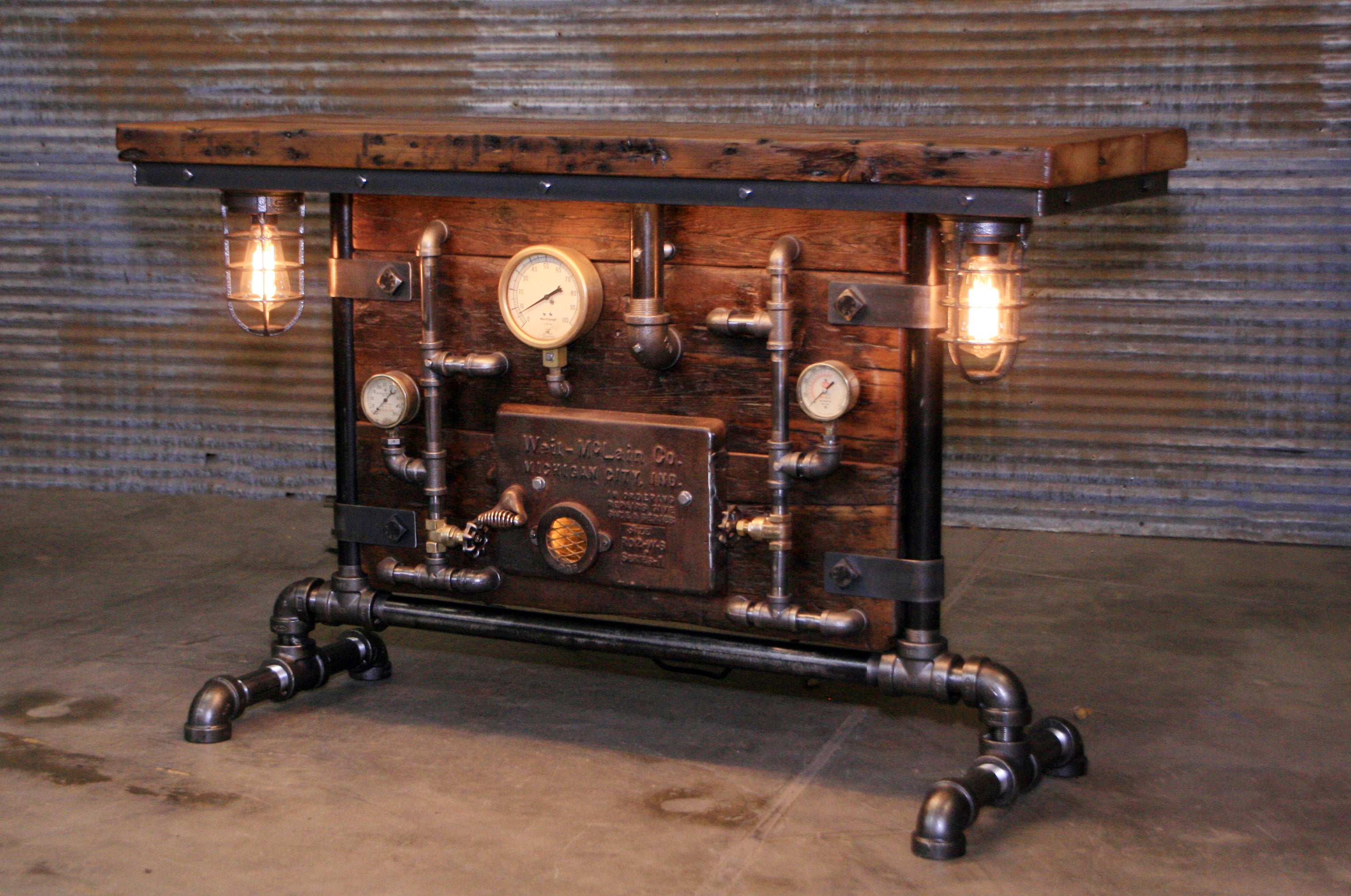 Steampunk Industrial Table / Pub, sofa console / Antique Furnace Door /  Barnwood / Table #4275