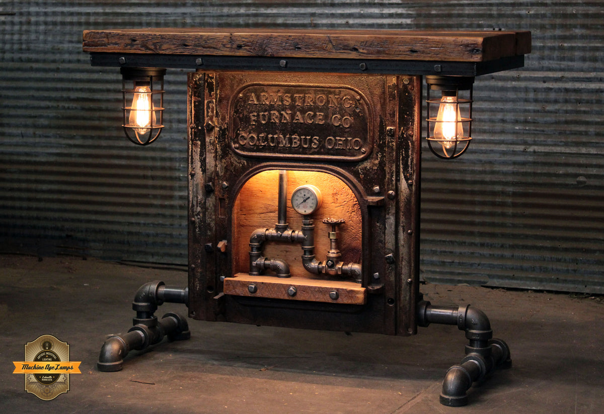 Steampunk Industrial Table / Pub, sofa console / Antique Furnace Door / Barnwood / Table #