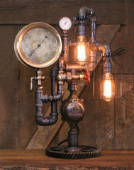 Steampunk Industrial  / Antique Steam Gauge / Gear Base / JeanevilleL / lamp #4255