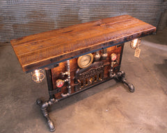 Steampunk Industrial Table / Pub, sofa console / Antique Furnace Door / Barnwood / Table #4495