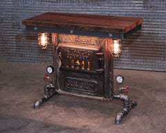 Steampunk Industrial Table / Pub, sofa console / Antique Furnace Door / Barnwood / Table #4473