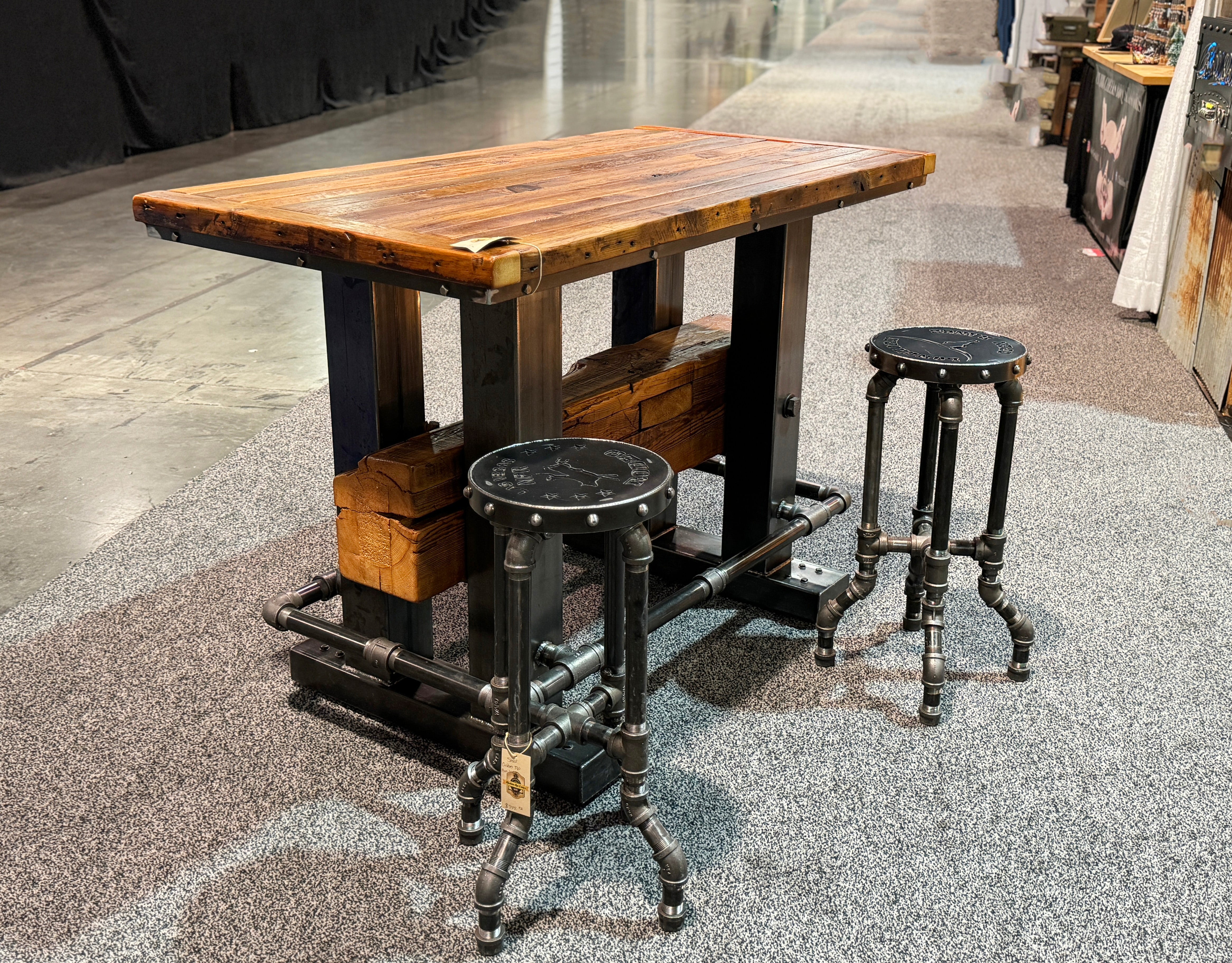 Steampunk Industrial Cabin Timber Bar with two stools