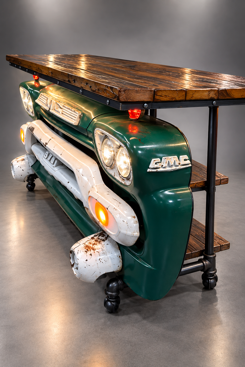 Steampunk Industrial 1950'S GMC Truck Automotive Pub Table Bar with Refrigerator