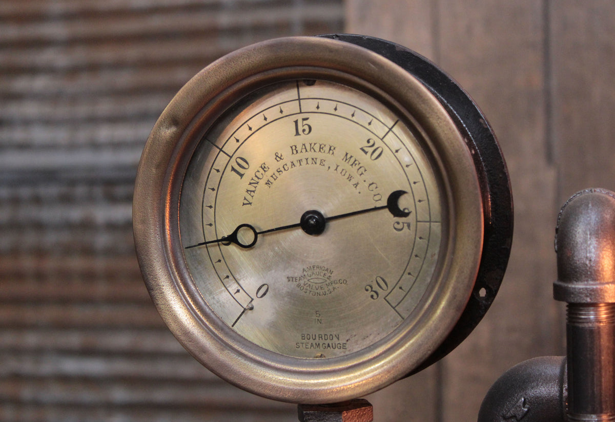 Steampunk Industrial / 1915 Steam Gauge Lamp  / Vance Baker / Iowa  /  Lamp #4796