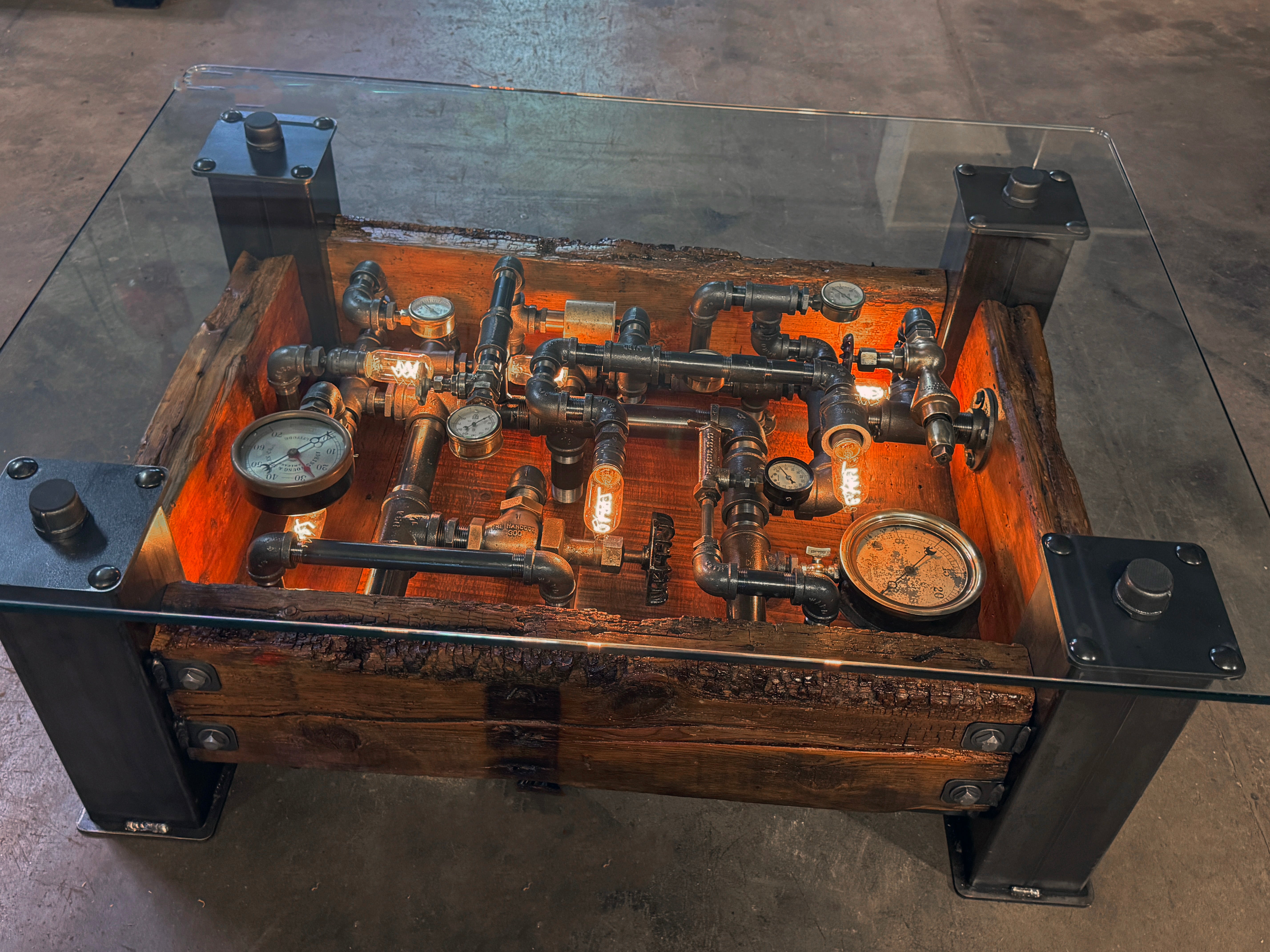 Steampunk Industrial Barnwood Coffee Table Steam Gauge #4606