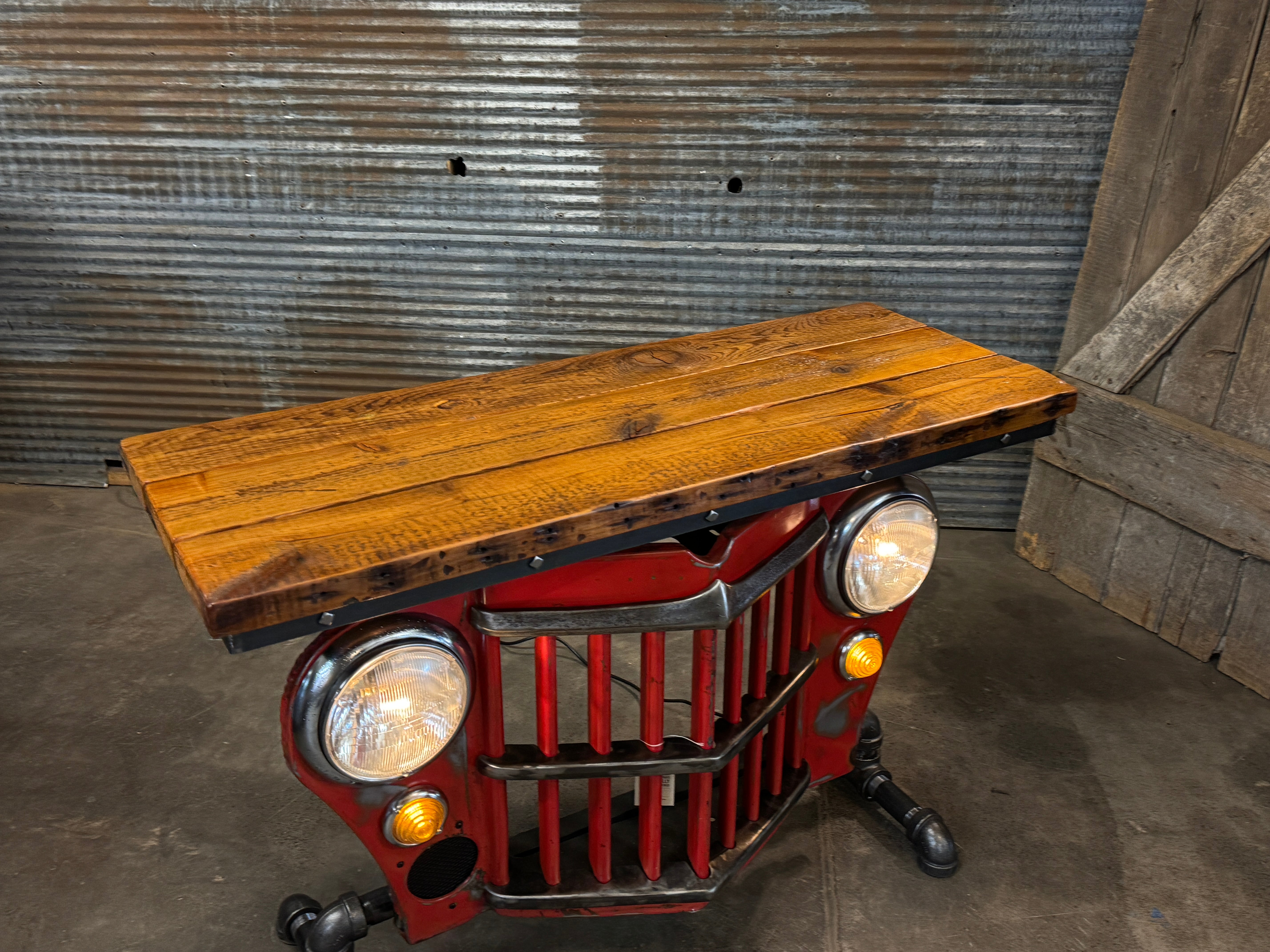 Steampunk Industrial Lighted 1950's Jeep willys Grille table barnwood top - Table #4557