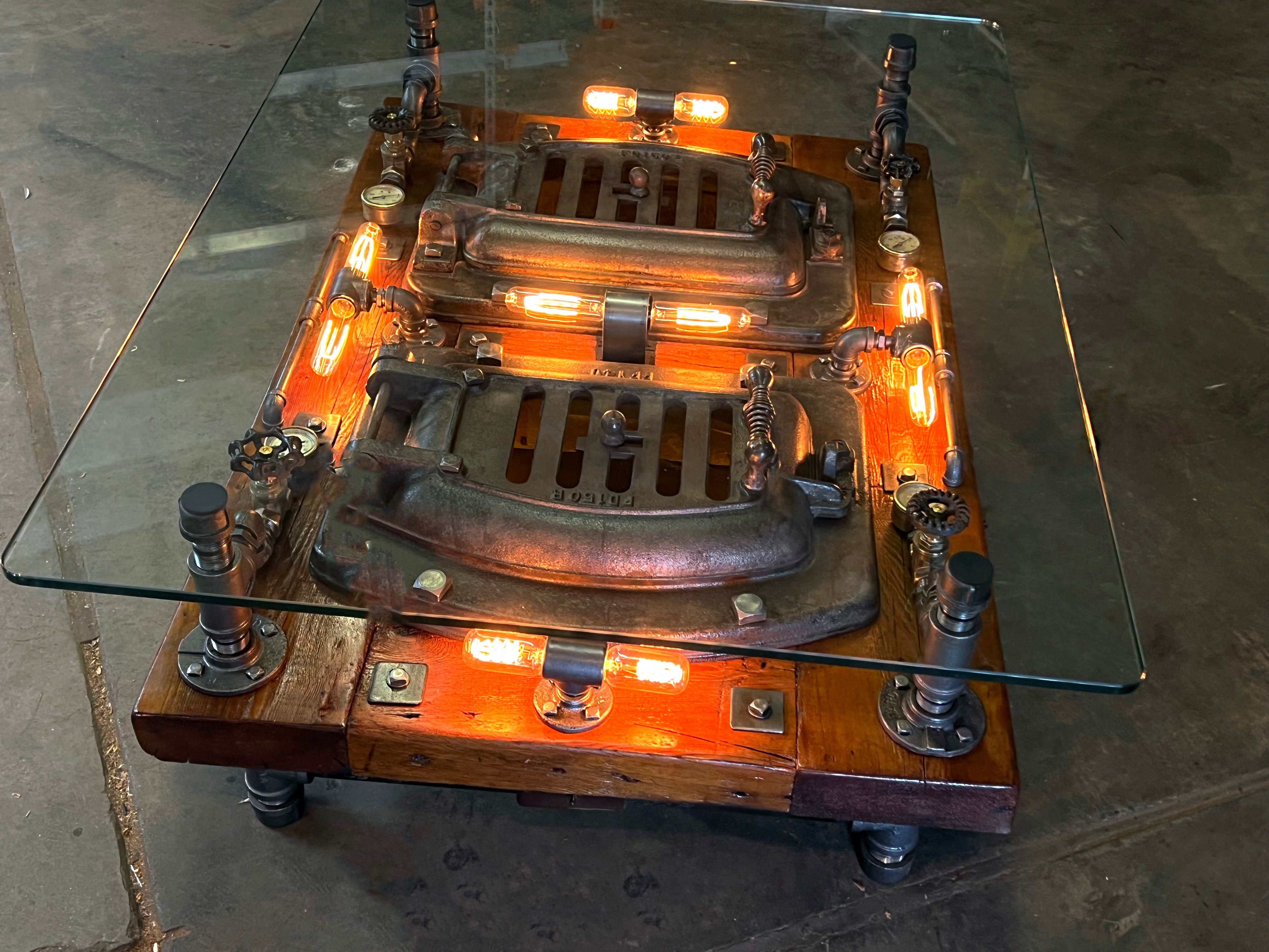 Steampunk Industrial Barnwood Coffee Table / Machine Age Lamps / Steam Gauge / Boiler Door /  Table  #4132