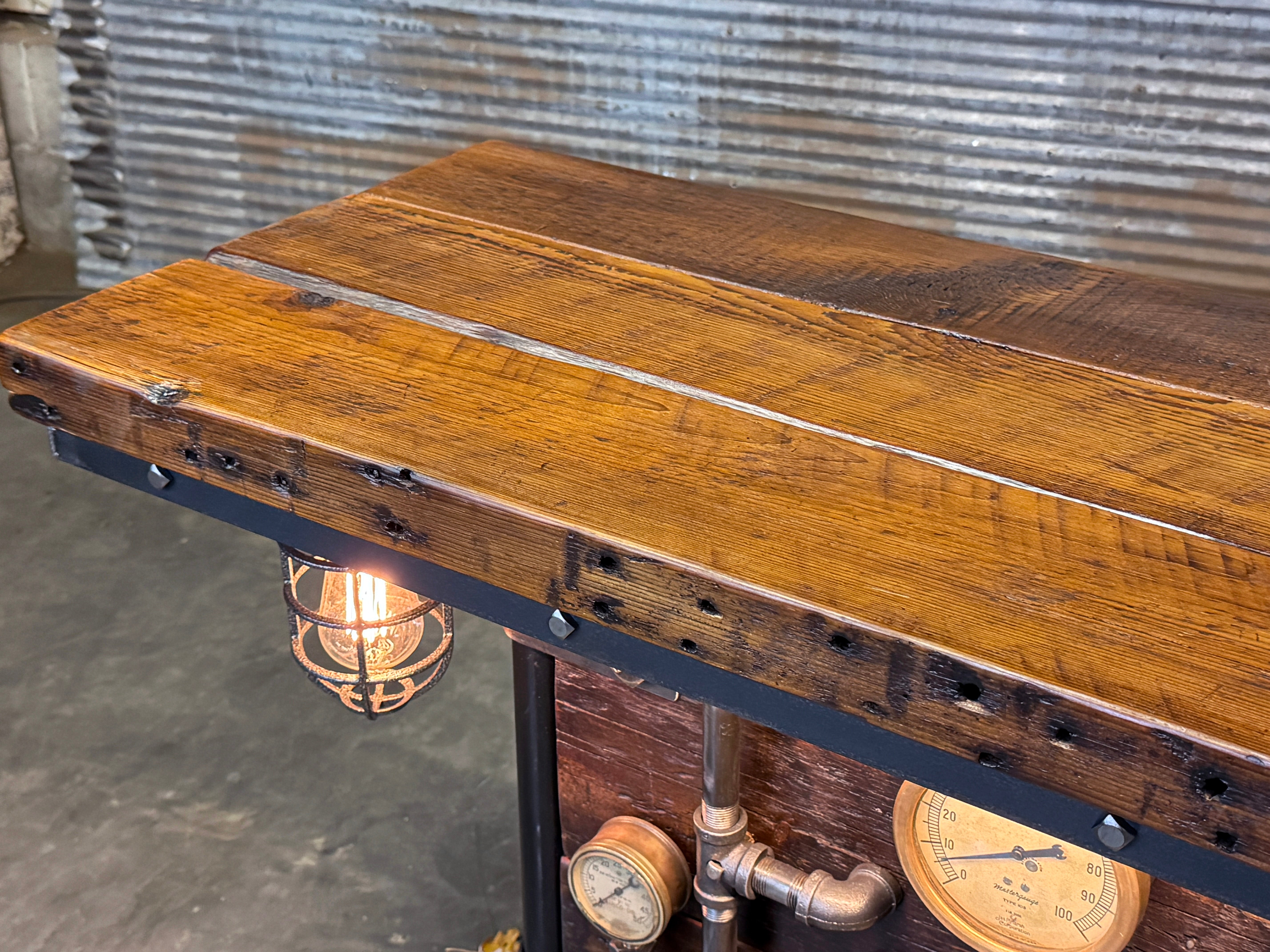 Steampunk Industrial Table / Pub, sofa console / Antique Furnace Door /  Barnwood / Table #4275