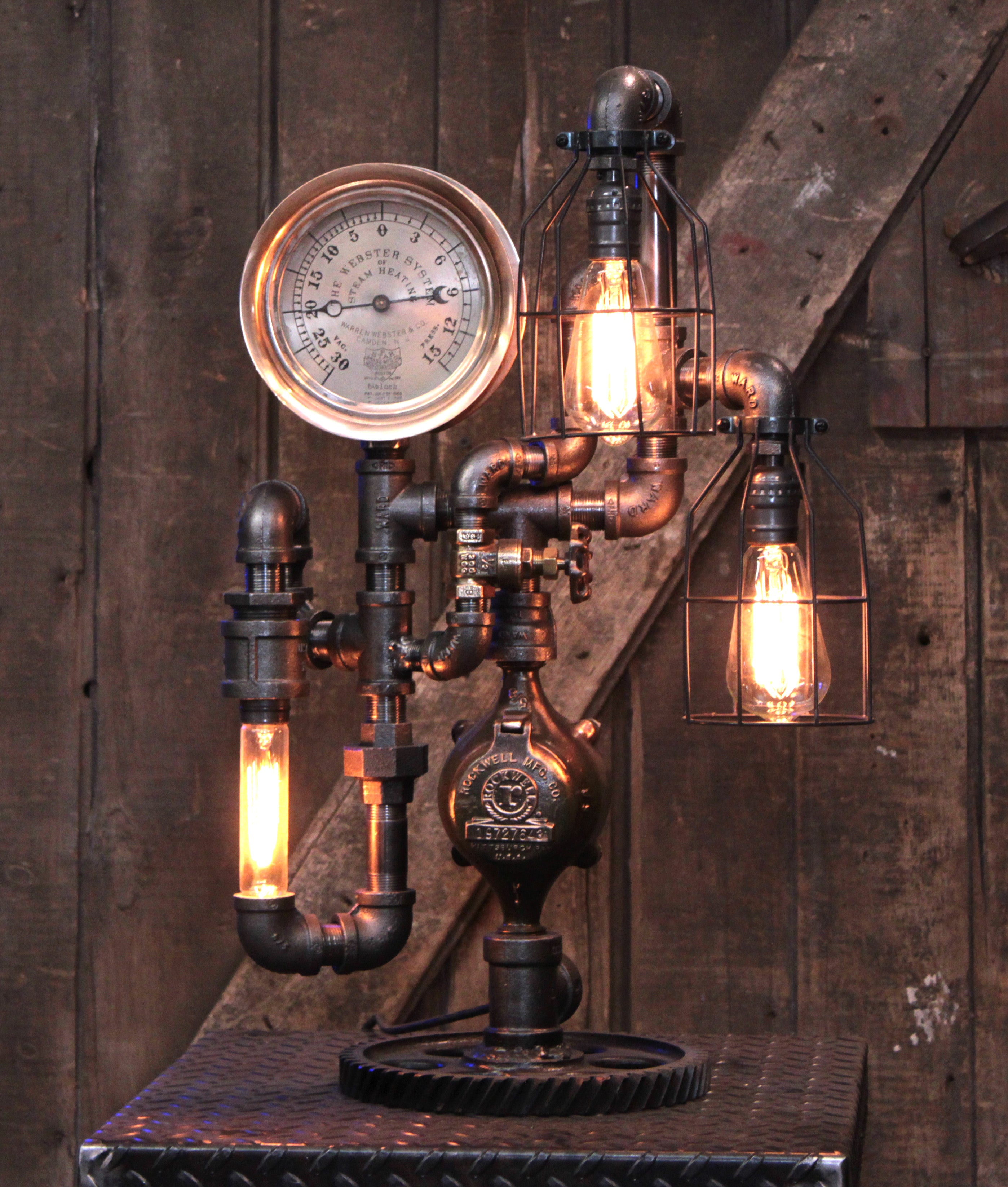 Steampunk Industrial / Steam Gauge Lamp  / Webster NJ / Gear  /  Lamp #4598