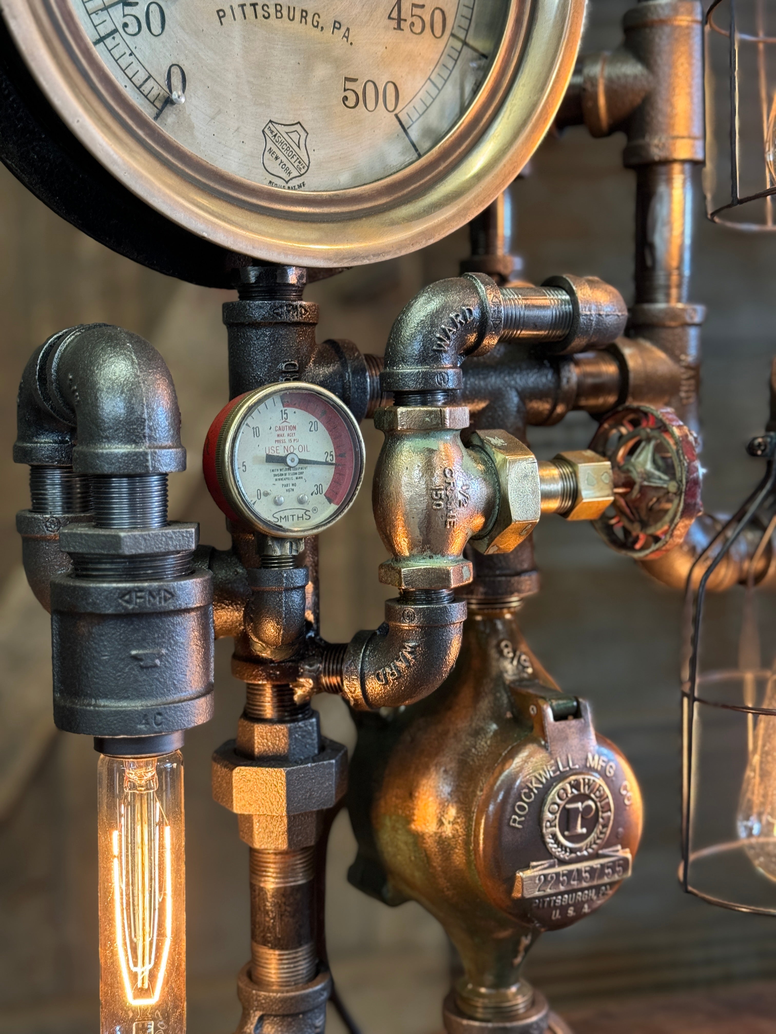 Steampunk Industrial / Antique Steam Gauge  / Pittsburg PA / Gear / Lamp #4253