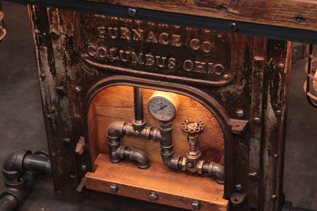 Steampunk Industrial Table / Pub, sofa console / Antique Furnace Door / Barnwood / Table #