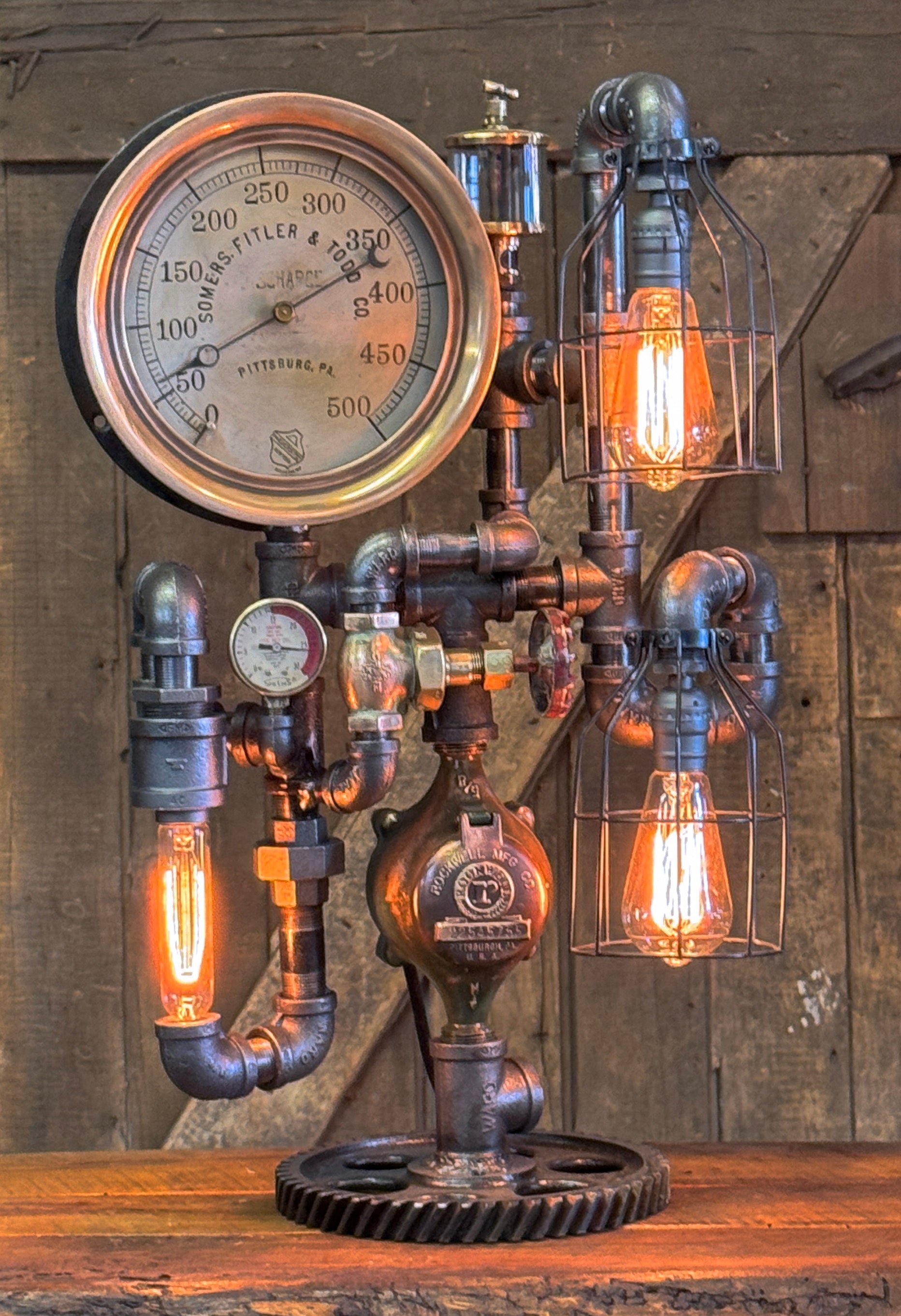 Steampunk Industrial / Antique Steam Gauge  / Pittsburg PA / Gear / Lamp #4253