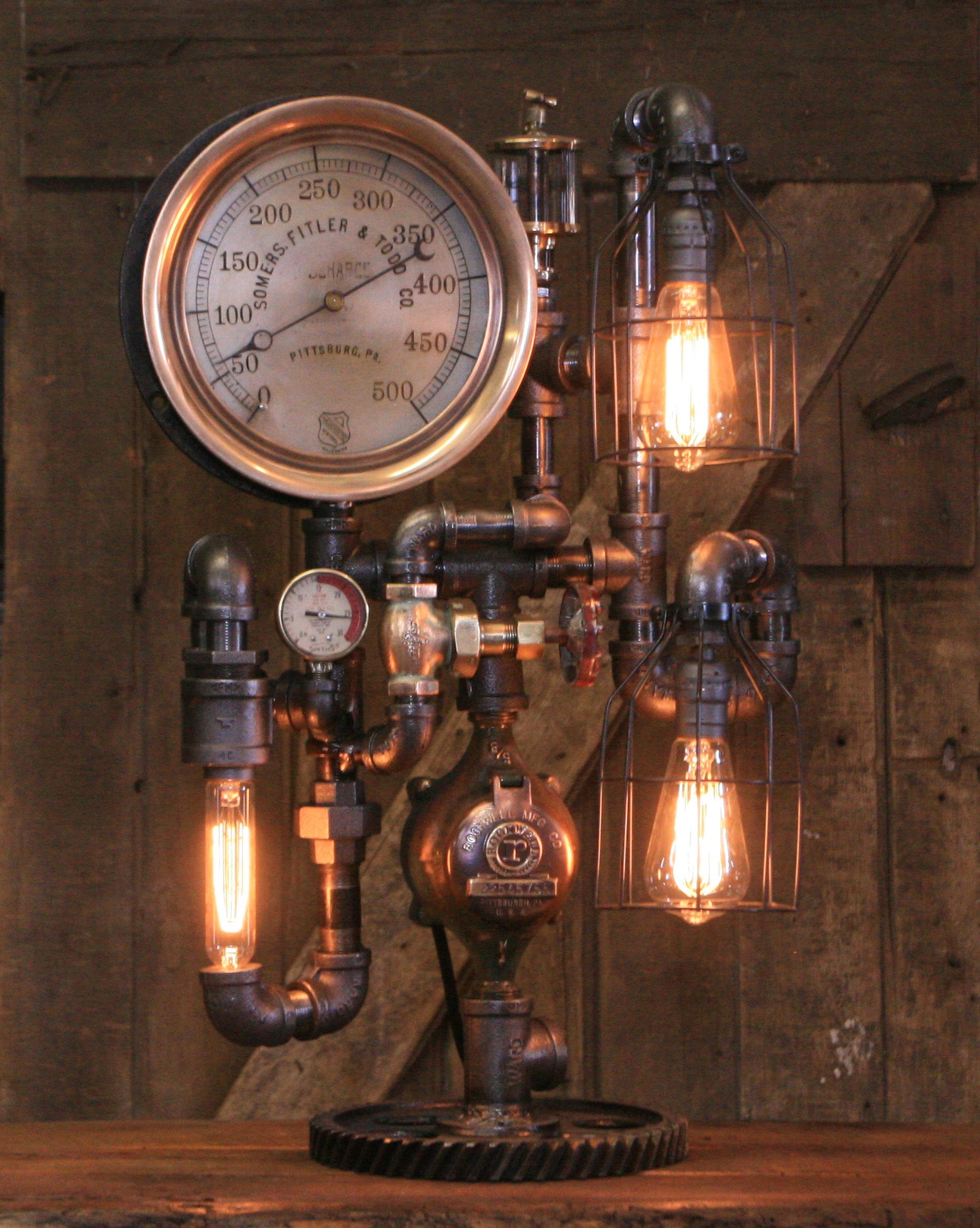Steampunk Industrial / Antique Steam Gauge  / Pittsburg PA / Gear / Lamp #4253