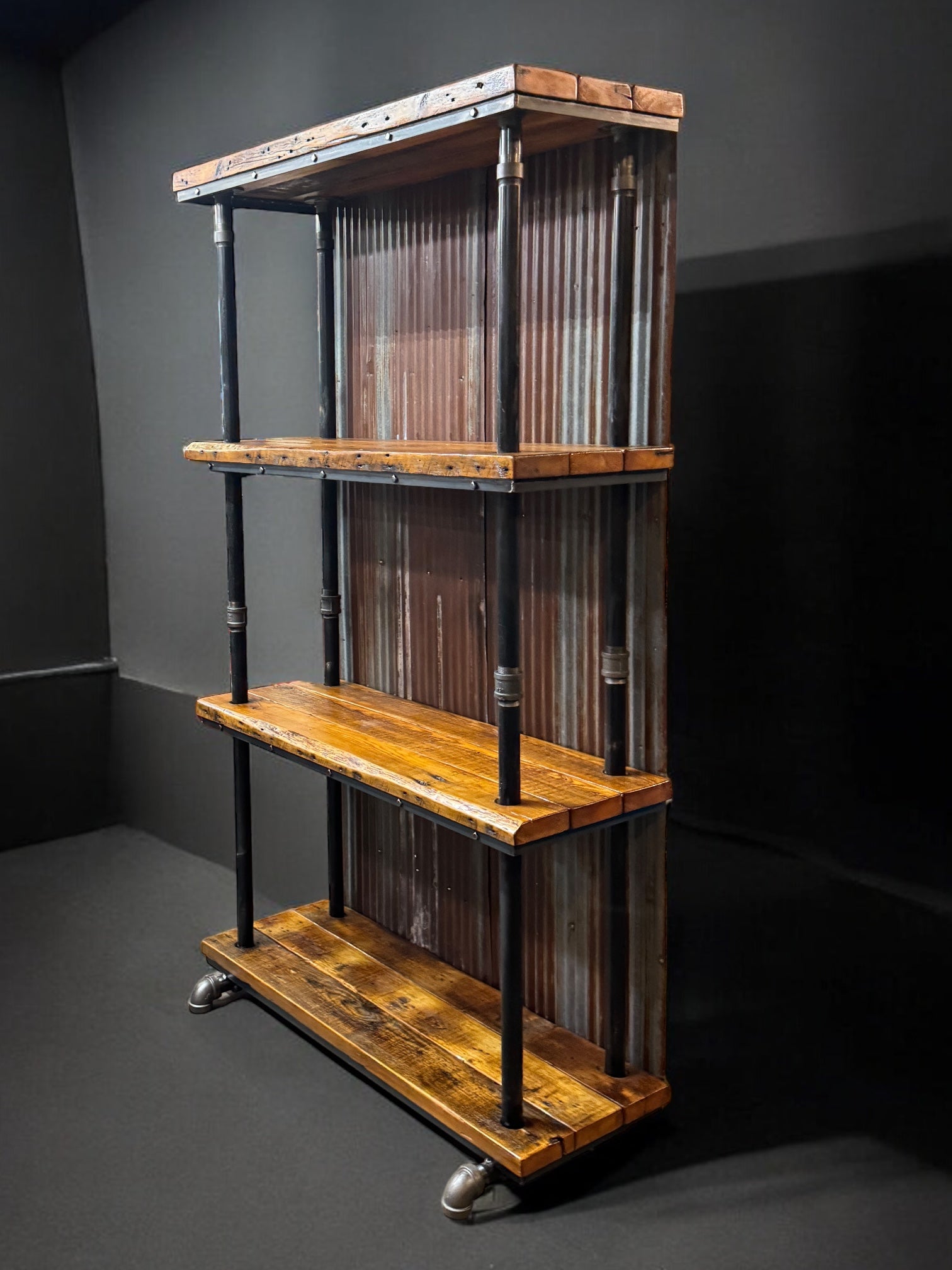 Steampunk Industrial / Shelving Unit 48" / Barnwood / Pipes / Roof Tin