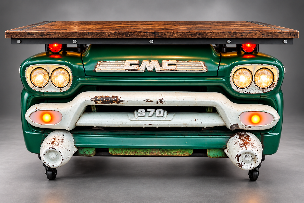 Steampunk Industrial 1950'S GMC Truck Automotive Pub Table Bar with Refrigerator
