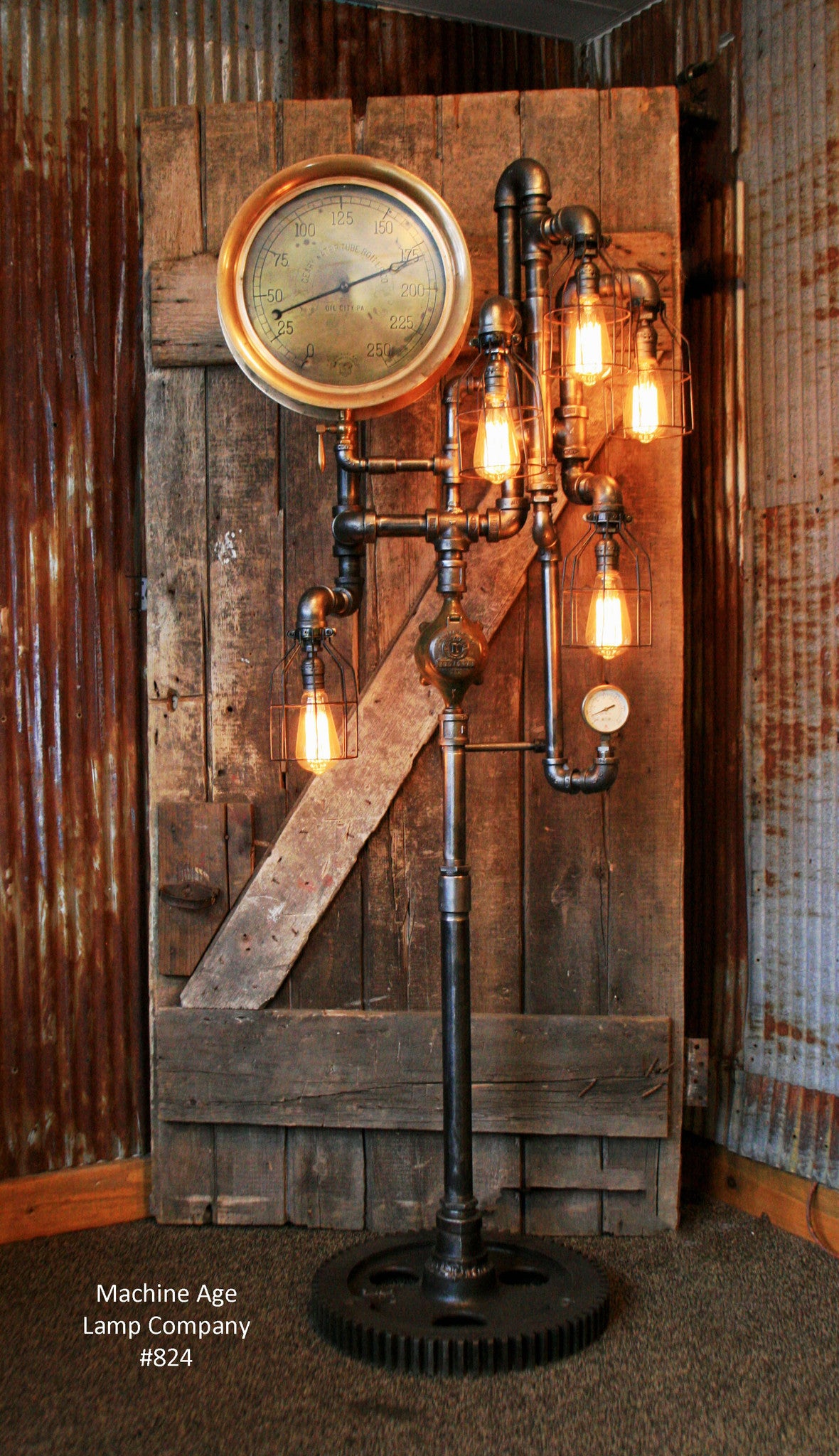 Steampunk, Industrial Pipe and Vintage Steam Gauge Floor Lamp #824