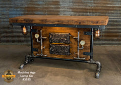 Steampunk Industrial Table / Antique Barn Wood / Furnace Door / Hallway Sofa Table #3185 sold