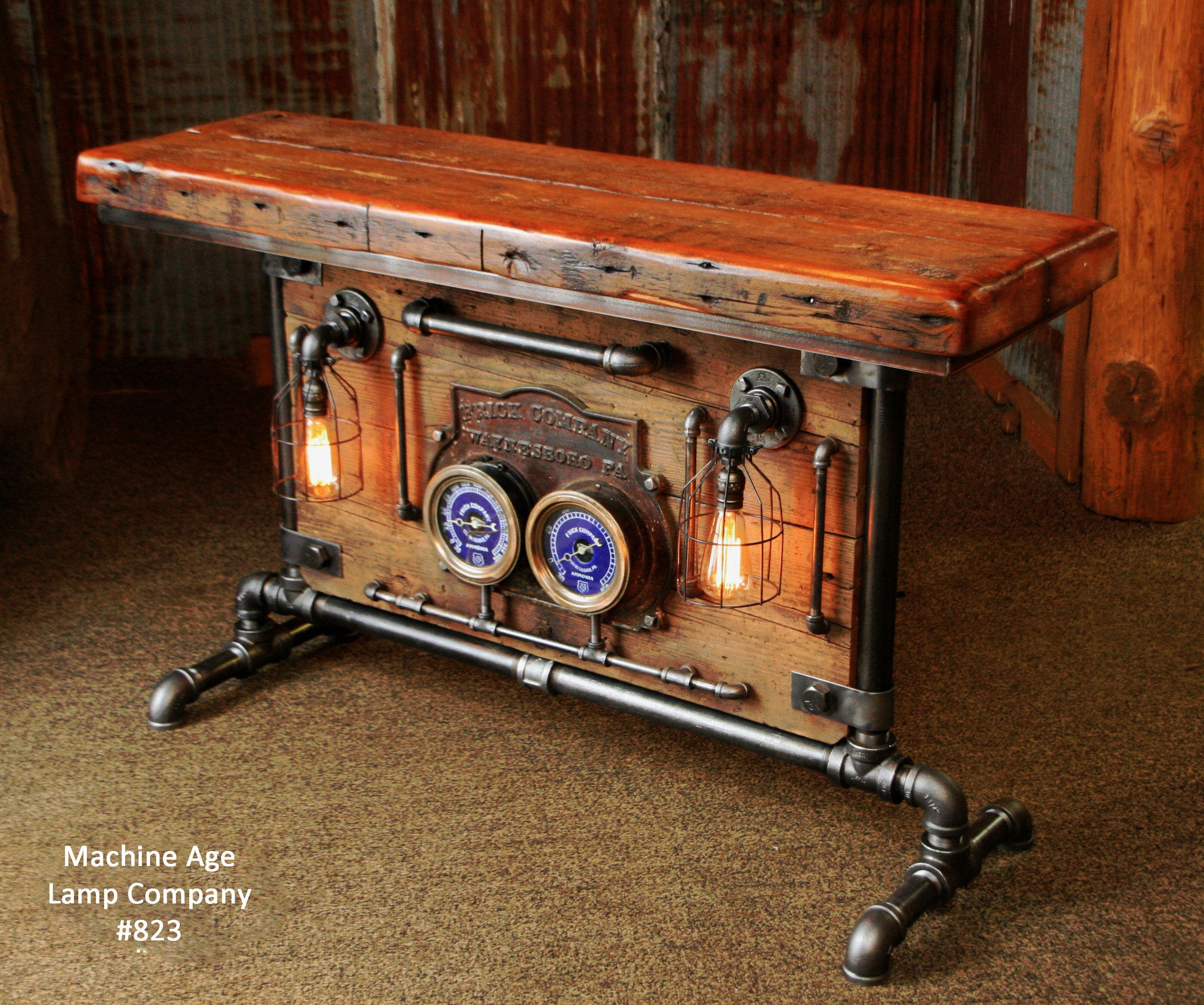 Industrial, Barn wood and Iron Frick Co Steam Gauge Table, Lamp Stand  #823