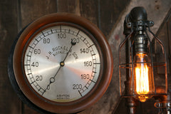 Steampunk Lamp, Antique 10" Steam Gauge and Gear Base #387 - SOLD