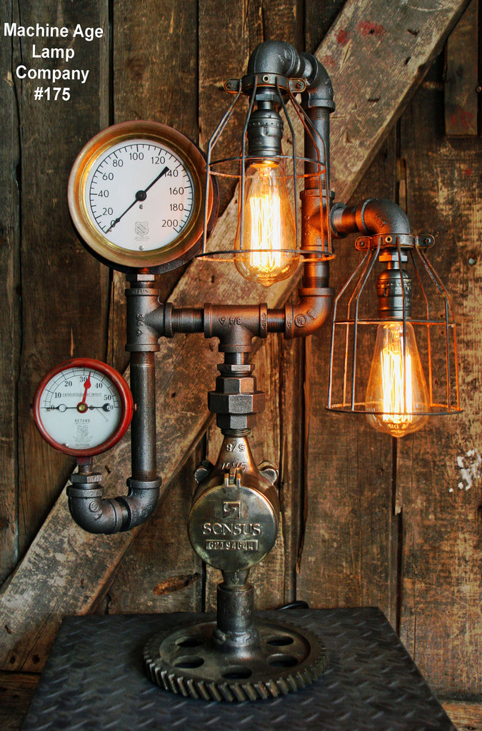 Steampunk Lamp, Antique Steam Gauge and Gear Base #175 - SOLD