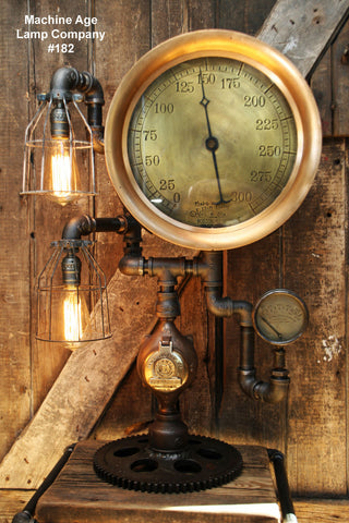 Steampunk Lamp, Antique 14" Steam Gauge and Gear Base #182 - SOLD