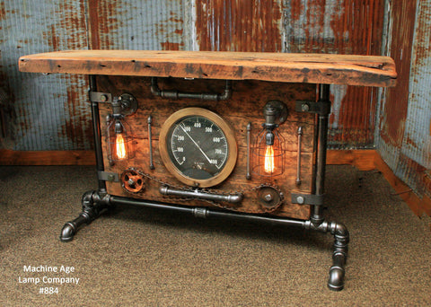 Steampunk Industrial Table, Lamp Stand, Console, Barn wood & Steam Gauge - #884 - Sold