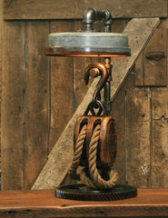 Steampunk Industrial / Antique Block and Tackle / Antique Chicken Feeder Shade / Gear / Lamp #1741 sold
