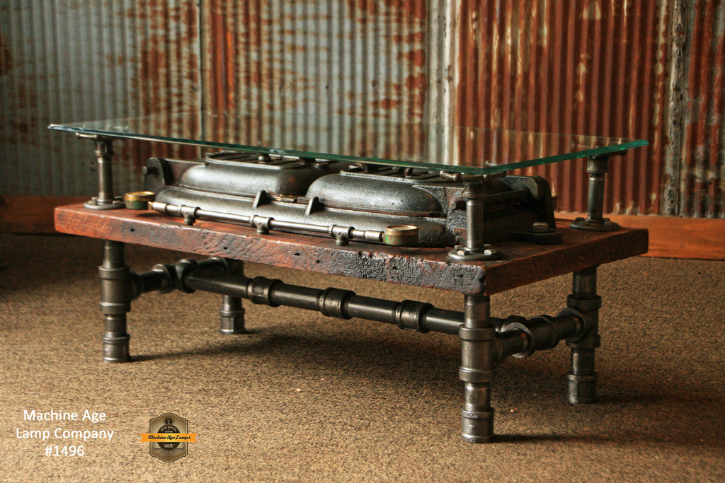 Steampunk Antique Industrial / Coffee Table / Barn Wood / Boiler Door #1496 - SOLD