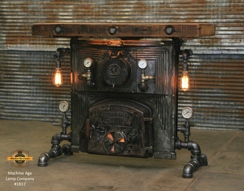 Industrial Steampunk Table / Antique Barnwood / Steam Gauges / Round Oak Boiler Stove / Table 1812