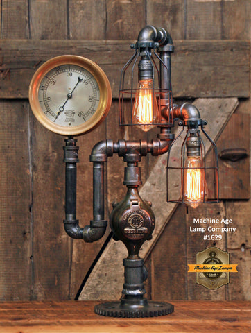 Steampunk Industrial / Gear Base / Antique Brass Steam Gauge / Lamp / Light / #1629 - Sold