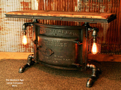 Antique Steampunk Industrial Boiler Door Table Stand, Reclaimed Wood Top, Akron Ohio - #671 - Sold