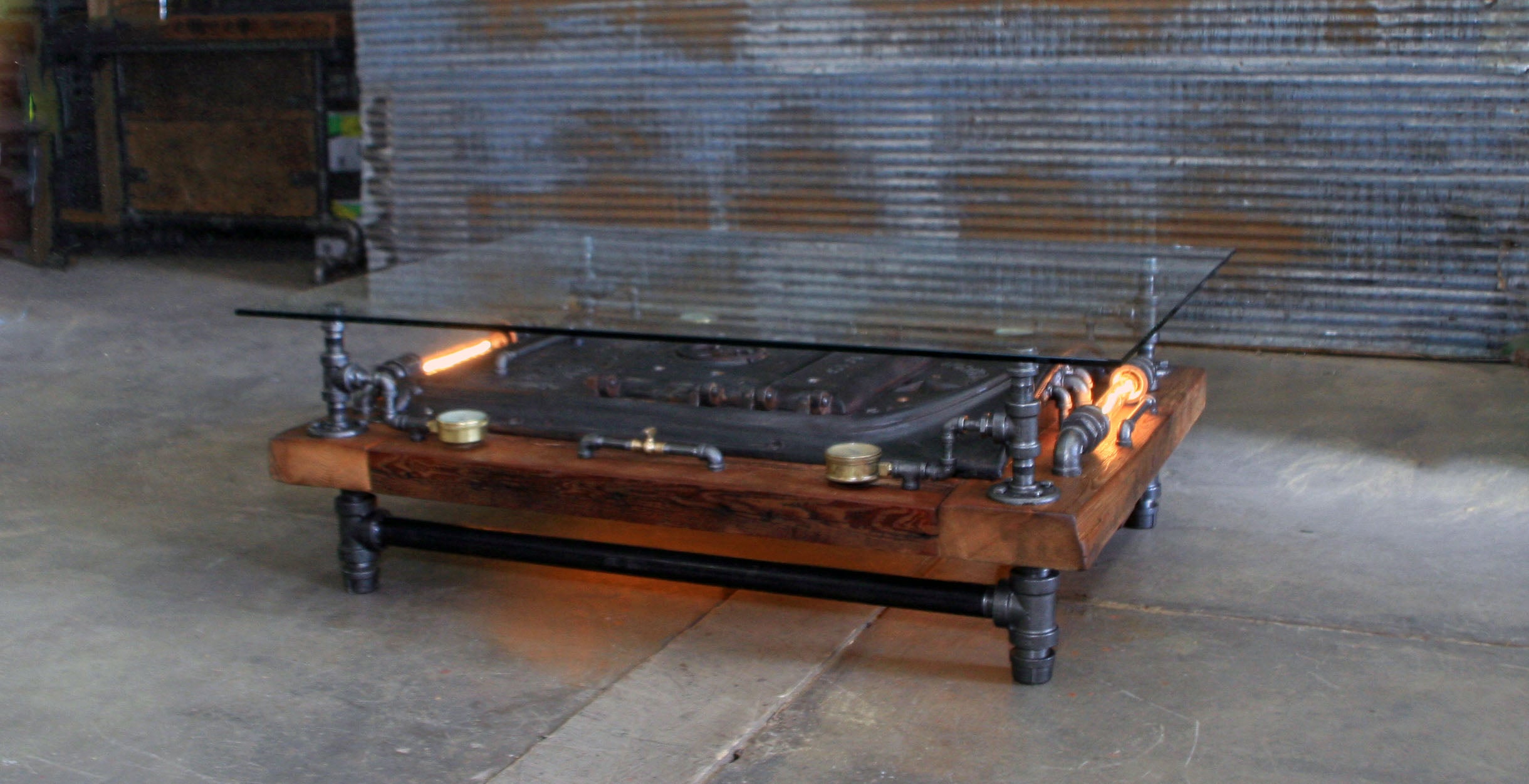 Steampunk Industrial Barnwood Coffee Table / Machine Age Lamps / Steam Gauge / Boiler Door /  Table  #2533